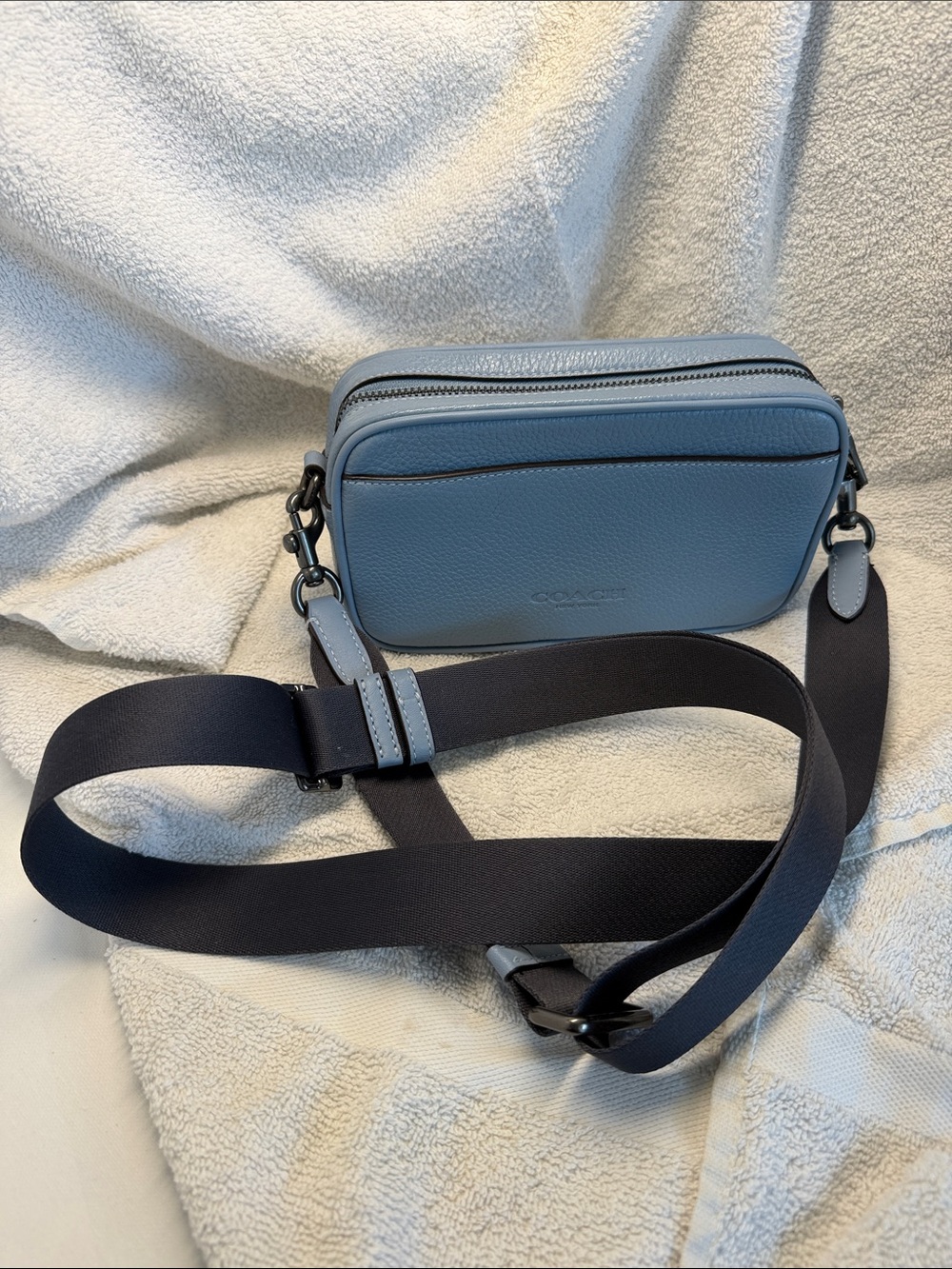 Coach mini Light Blue Pebble Leather Crossbody with Dark Navy Strap